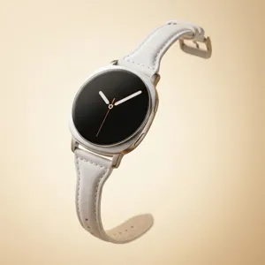 Close-up of white leather watch strap with silver buckle, elegant minimalist design detail.