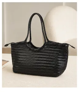 Black woven leather tote bag for women, large capacity vintage handmade shoulder bag.