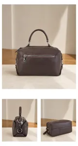 Brown genuine leather handbag minimalist shoulder bag casual large capacity women bag detail