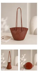 Brown woven leather bucket bag detail view, handcrafted French retro shoulder bag with metal feet.