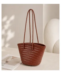 Brown leather woven bucket bag french retro single shoulder handbag for women stylish chic