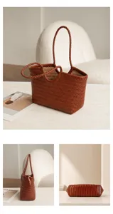 Sac cabas panier en cuir tressé, sac à main vintage marron pour femme chic.