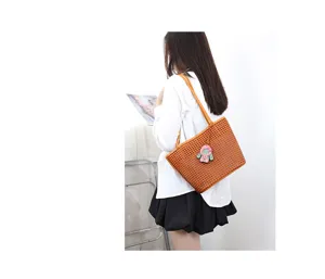 Casual minimalist women top layer cowhide woven leather tote shoulder bag for daily autumn wear