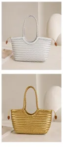 Sac cabas tressé en cuir blanc et doré, élégant sac à main de style panier avec poignées.