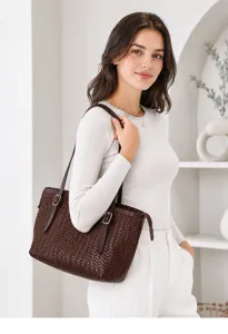 Classic dark brown woven leather shoulder bag for women, retro tote bag with metal buckle.