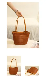 Genuine leather woven tote bag for women, casual minimalist shoulder bag with magnetic snap.