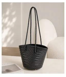 Black leather woven bucket bag french vintage chic handmade shoulder bag for women