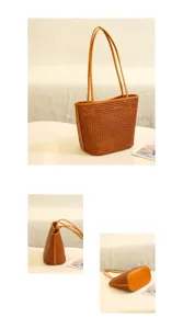 Genuine leather woven tote bag for women, casual minimalist shoulder bucket bag with top handles.
