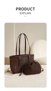 Brown woven leather tote bag with inner pouch, vintage large capacity shoulder handbag.