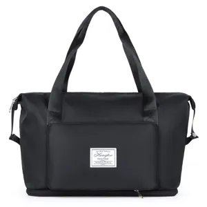 Large capacity black travel duffel bag, foldable sports gym bag with shoe compartment.
