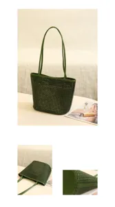 Green woven leather tote bag for women, casual single shoulder bag with magnetic buckle.