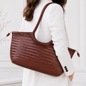 Women's Genuine Leather Woven Tote Bag Vintage Handmade Cowhide Large Capacity Shoulder Underarm Handbag