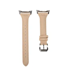 Compatible beige leather watch band for smartwatch, slim waist design with silver buckle.