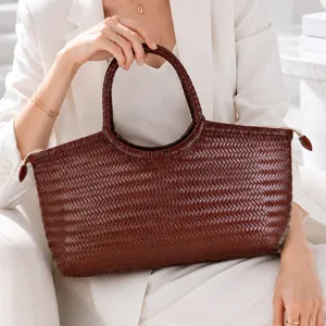 Brown Woven Leather Tote Bag Luxury Handcrafted Top Handle Shoulder Bag for Women