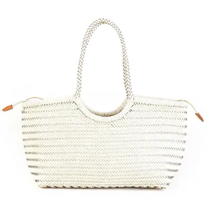 Handmade woven leather tote bag, large capacity shoulder bag with double top handles.