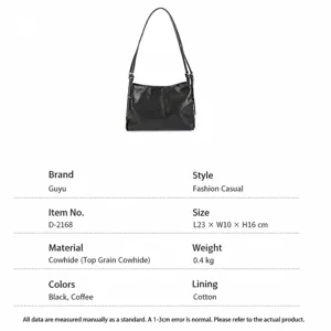 Black genuine leather shoulder bag for women, stylish minimalist commuter handbag with dimensions.