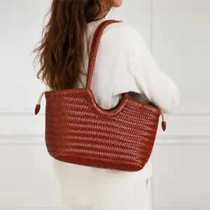 Sac Cabas Tissé pour Femmes Rétro Véritable Cuir Sac à Main Grande Capacité Cuir de Vachette Sac Panier Sac d'Épaule Commuting