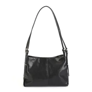 Minimalist black leather shoulder bag, Korean style versatile casual commuting handbag.
