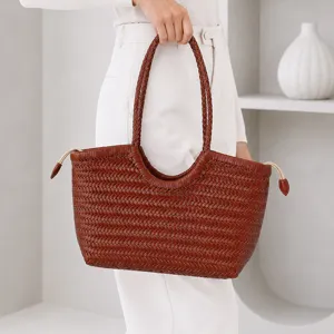 Sac cabas en cuir tressé fait main pour femme, sac à main vintage marron avec anses supérieures.