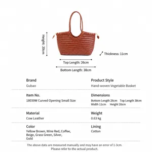 Sac cabas tressé en cuir véritable pour femme, panier rétro grand format avec largeur de 38cm.