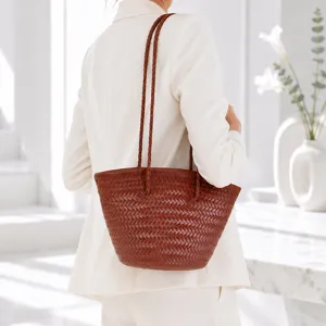 Woven Bucket Bag For Women French Retro Genuine Leather Handbag Casual Solid Color Handcrafted Shoulder Bag