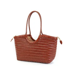 Sac cabas tissé en cuir vintage pour femmes, sac panier en cuir de vache, marron.