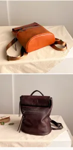Closeup details of vintage vegetable-tanned genuine leather backpack with spacious interior.