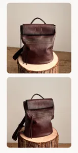 Detail view of vintage dark brown leather backpack, vegetable-tanned leather, large capacity.