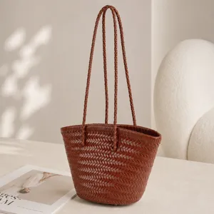French vintage brown woven leather bucket bag, handmade single-shoulder basket handbag main view