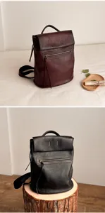 Vintage leather backpack detail showing premium texture, spacious interior, and durable hardware.