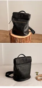 Minimalist vegetable-tanned leather vintage backpack, large capacity commuter school bag.