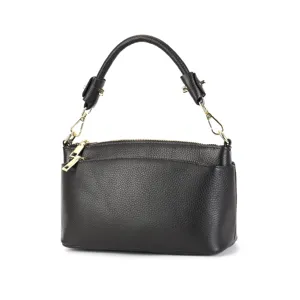 Classic black genuine leather women's shell shoulder and crossbody bag with gold hardware.