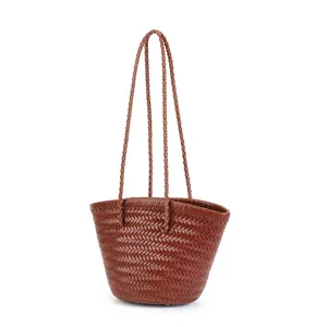 Woven leather bucket bag for women, vintage handmade basket shoulder bag in rich brown color.