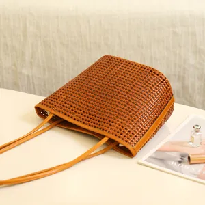 Brown woven leather tote bag for women, stylish casual shoulder bag with large capacity.