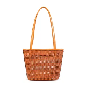 Brown woven leather tote bag for women, casual simple shoulder bag for daily commuting autumn.
