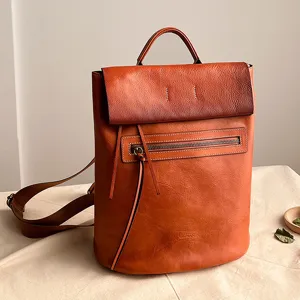 Vintage vegetable-tanned cowhide leather backpack for daily commuting and student laptop