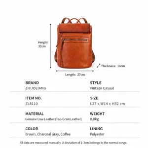 Vintage genuine leather backpack for women, casual stylish daypack with multiple pockets.