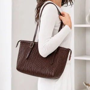 Vintage Woven Tote Bag For Women Genuine Leather Handbag Large Capacity Casual Shoulder Bag Top Layer Cowhide Purse