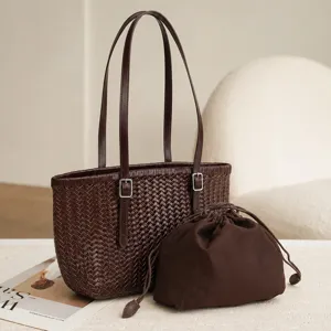 Vintage brown woven leather tote bag with inner pouch, stylish large capacity shoulder bag.