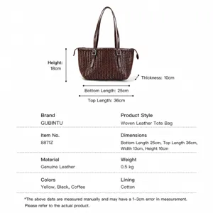 Woven leather tote bag vintage basket handbag top grain leather shoulder bag large capacity