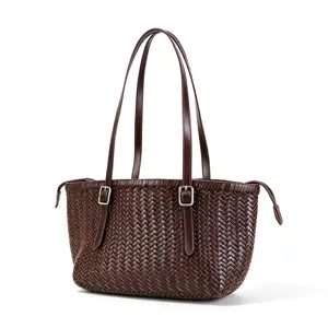 Brown woven leather tote bag for women, vintage large capacity shoulder handbag with top handles.
