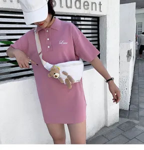 Cute canvas chest bag for women with adorable plush bear pendant, casual streetwear style.