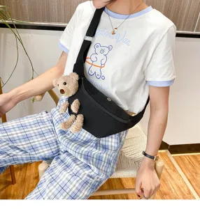 Canvas chest bag for women cute bear plush doll pendant black casual crossbody sling bag