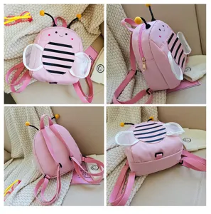 Cute pink bee toddler backpack with mesh wings and adjustable straps for kids, multi-angle details.