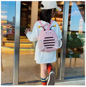 Cute pink bee kids backpack with mesh wings, adorable toddler anti-lost school bag for daily use.