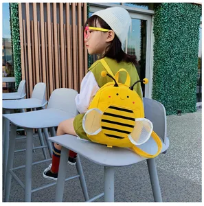Toddler bee backpack detail view, cute yellow animal design with wings, comfortable kids bag.