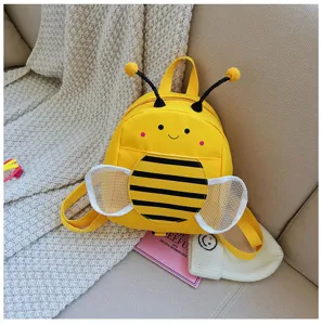 Detailed view of cute yellow bee toddler backpack with mesh wings and cute antennae design.