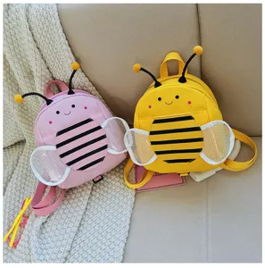 Toddler bee backpack detail featuring cute plush antennae and mesh wings in pink and yellow.