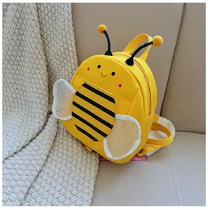 Detailed view of the cute yellow bee toddler backpack with mesh wings and secure straps.