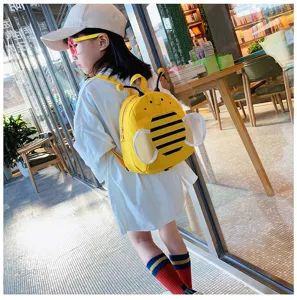 Cute toddler bee backpack detail shot, yellow cartoon design with wings, perfect for kids daily use.